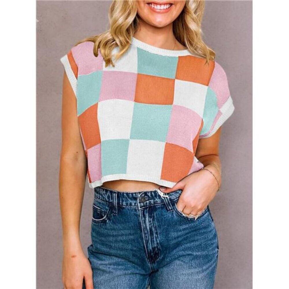Women's Cap Sleeve Crop Tops Color Block Top in White, Green, Orange & Pink